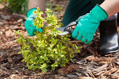 Worker measuring waste volume in cubic yards during clean